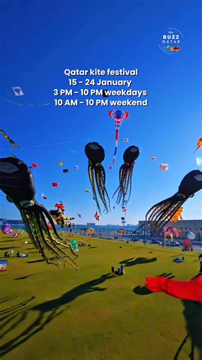 Colorful skies, sea views, and non-stop fun - the Visit Qatar Kite Festival (4th Edition) is lighting up Old Doha Port with vibrant kites, and beautiful waterfront moments. 📆 15-24 January ⏰ Weekdays: 3-10 PM | Weekends: 10 AM-10 PM 📌 Mina Park ( Behind the terminal) #doha #qatar #thebuzzqatar Doha Qatar Places to visit Things to do Landmark Destination Travel Touri | The Buzz Qatar