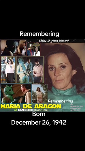 Today In Nerd History on Instagram: "Remembering Maria De Aragon, born December 26, 1942 and passed away April 30, 2024. Maria played Greedo in Star Wars Episode IV A New Hope for a number of close-in pickup shots. She began her acting career with small roles in the movies "For Those Who Think Young," "Nightmare in the Sun," and "Come L'Amore." She carved out a nifty little niche playing dangerous, but irresistible femme fatale types in several deliciously down'n'dirty 70's drive-in exploitation