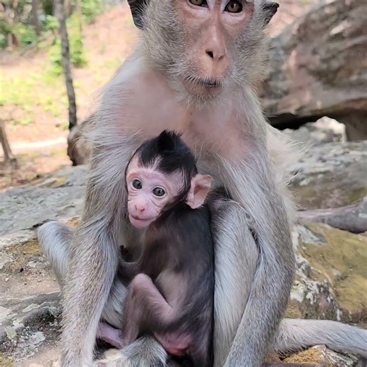 Cutest mini baby monkey hug mom