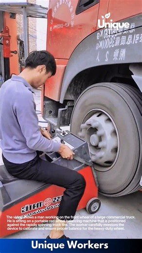 Balancing Truck Tires: Worker Operating a Portable Wheel Balancer