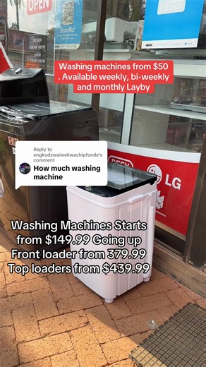Replying to @engkudzwaiwekwachipfunde Washing machines from $50. Available weekly, bi-weekly and monthly Layby . Washing Machines Price Starts from $149.99 Going up Front loader from 379.99 Top loaders from $439.99