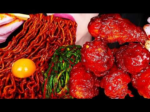 ASMR KIMCHI FRIED CHICKEN, BLACK BEAN NOODLES 비비큐 양념치킨 짜파게티 먹방 MUKBANG, EATING