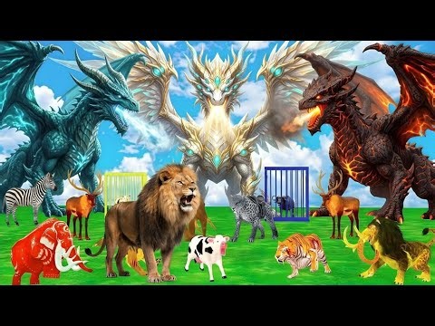 5 Giant Dragon Cow Vs Giant Angry Indian Elephant Vs 5 Giant Lion Tiger Saved By Wolly Mammoth