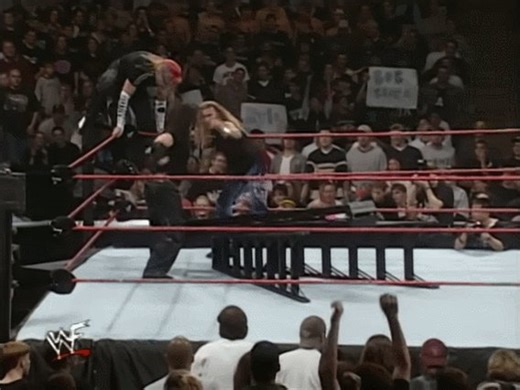 The Hardy Boyz vs. Edge & Christian (WWF 10/17/99)This spot rocks and holds up almost three decades later but it doesn't even get into half of how brilliant this spot is. They work it so that you think it's going to be a tower of doom, but then Jeff hits this out of nowhere.
