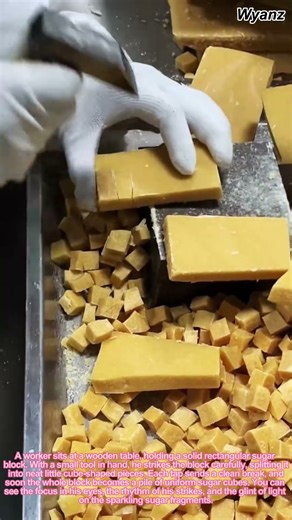 candy production process | worker breaks sugar block into cubes