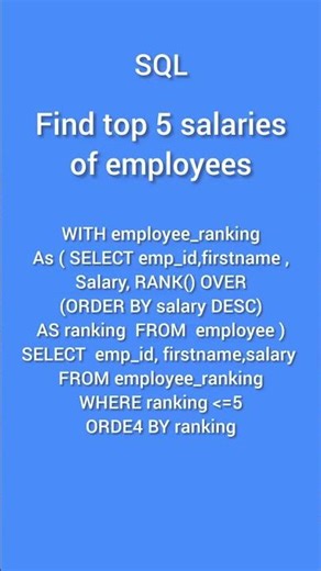 sql interview questions and answers. Write a query to find top 5 salaries using RANK FUNCTION #SQL