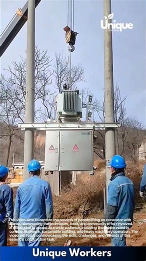 Installing a transformer with a crane: people installing a transformer with a crane