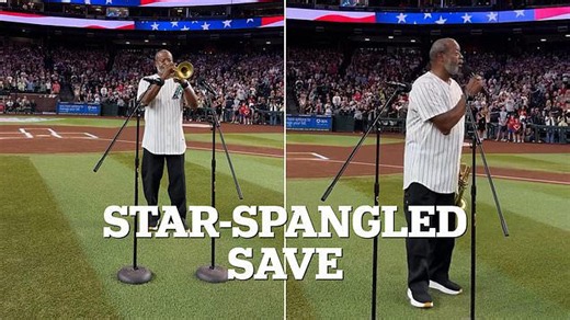 Trumpet player wows crowd with quick-thinking anthem performance