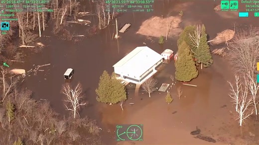 Aerial view shows the impact of flooding around the Cheboygan Lock and Dam