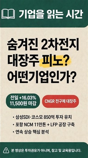 숨겨진 2차전지 대장주 피노? 어떤기업인가? 전일 16.03% 급등 11,500원 마감 #피노 #2차전지대장주 #전구체