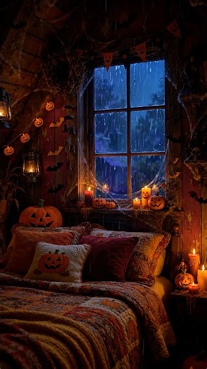 Spooky Attic Bedroom on a Rainy Halloween Night | Cozy Halloween Ambience with Rain Candles #shorts