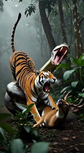 Tiger Attacks Giant Python to Save Deer 😱 Shocking Jungle Battle #Shorts #animalworld