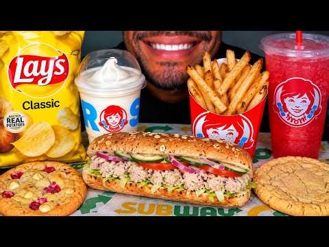WENDY'S vs. SUBWAY ASMR MUKBANG 6INCH SUB SANDWICH FRIES FROSTY ICE CREAM CHIPS NO TALKING JERRY