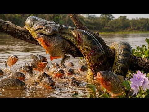 Giant Python Confronts Aggressive Piranha School – Will the Giant Escape the Sharp Teeth?