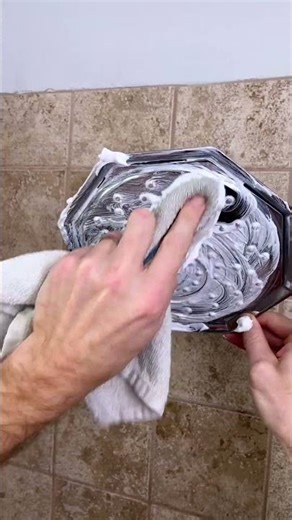Easy way to clean and polish shower head! 🚿 #shavingcream #shower #cleaningtips #bathroom