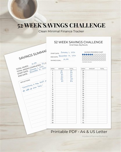 52 Week Savings Challenge Printable – Improved Clean Layout (A4 & US Letter PDF) - Etsy UK
