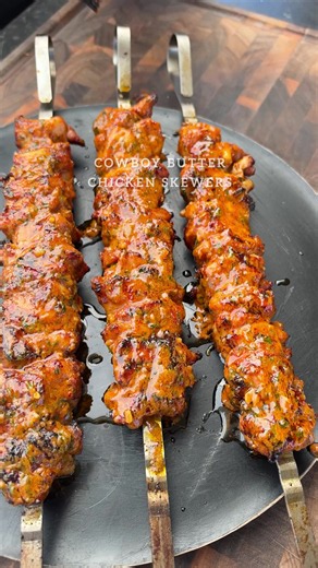 Cowboy Butter Chicken Skewers 🔥🧈 Juicy grilled chicken thighs brushed with rich garlic herb cowboy butter and a little kick of heat! Perfect for your next backyard cookout. Ingredients: * 2 lbs boneless, skinless chicken thighs, cut into 1-inch cubes * 2 tbsp olive oil * 2 tbsp chicken seasoning Cowboy Butter: * ½ cup butter (1 stick) * 3 garlic cloves, minced * 1 tbsp Dijon mustard * 1 tbsp lemon juice * 1 tsp lemon zest * 1 tbsp chopped parsley * 1 tsp thyme * 1 tsp paprika * ½ tsp red peppe