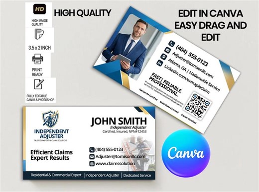 Insurance Adjuster Business Card Template – Independent Adjuster Card – Claims Adjuster Business Card – Editable - Etsy