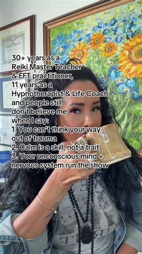 30 years as a Reiki Master Teacher & EFT practitioner, 11 years as a Board Certified Integrative Hypnotherapist & Life Coach, and I’m still saying the same thing louder for the people in the back: You 👏🏽 cannot 👏🏽 think 👏🏽 your 👏🏽 way 👏🏽 out 👏🏽 of 👏🏽 trauma. Calm-n-confident isn’t a personality trait, it’s a learned nervous system skill updated unconscious programming. And btw, your unconscious mind nervous system are running the show whether you like it or not. If “just think posi