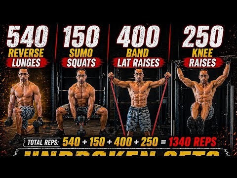 540 reverse lunges, 150 Sumo Squats, 400 Band Lat raises & 250 knee raises