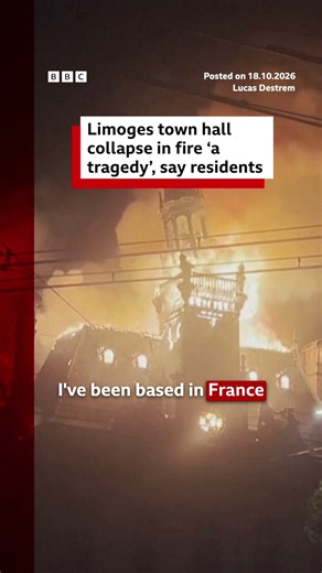 Fire crews were still battling the blaze late into the night, while eyewitnesses captured the dramatic moment the tower's turret fell. #France #Protests #Fire #Limoges #BBCNews
