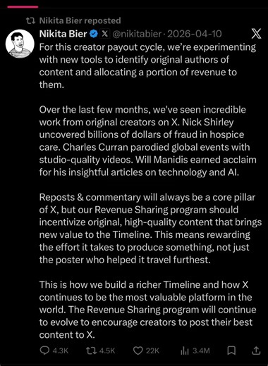 Here is what changed for the Creator Funds:- Verified Followers/Likes/Comments/Repost/Bookmarks, are the “ONLY” measurable data to decide your X payout.For example; Creator A:10 million impressions300K engagement $300 X PayoutCreator B:1 million impressions60K engagement $250 X PayoutFrom the outside, these metrics make no sense,But if you dive into the actual analytics, Creator A’s engagement was mostly from non-verified followers.Also, other factors can reduce your pay.- non-original content- 