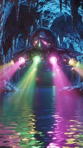 An alien ship lands and projects colorful beams #alien #ship #colorful