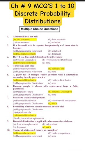 Ch # 9 MCQ'S 1 to 10 Discrete Probability Distributions Binomial Distribution Bernoulli Trail #short