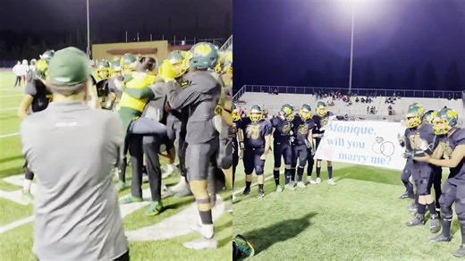 Team erupts in cheers as their football coach surprises his girlfriend with a marriage proposal