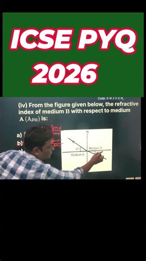 ICSE Physics 2026 PYQ | Refractive Index Numericals | Snell's Law MCQ Explained #icse #exam