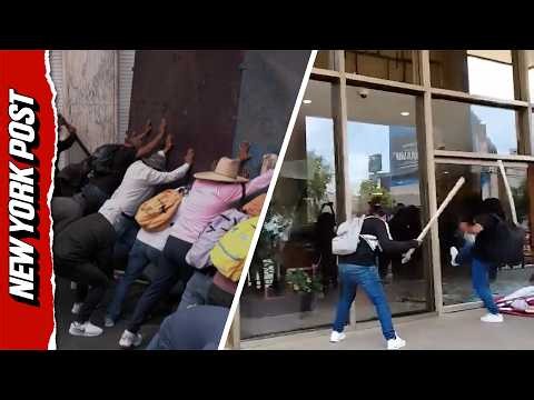 Protesting Teachers SHATTER Government Building Windows During Mexico City Protest