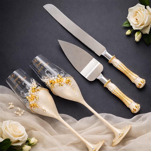 Wedding Champagne Glasses and Cake Knife Server Set, Gold Pearl Wedding Glasses, Bridal Table Set Gift - Etsy