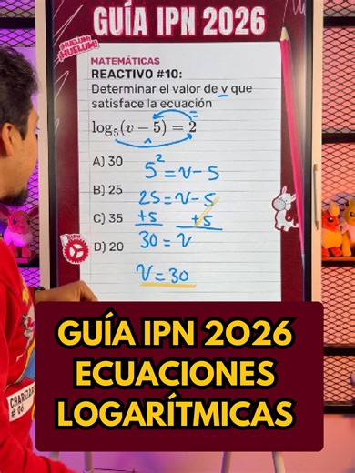 ¿Te cuesta trabajo despejar en ecuaciones logarítmicas? 🤯📐 En este video resolvemos un reactivo donde determinamos el valor de una variable en una ecuación logarítmica, aplicando correctamente la definición del logaritmo y evitando errores comunes. Tema clave de matemáticas para la Guía IPN 2026. #guiaipn #examenipn #unibetas #profetoxqui #ecuacioneslogaritmicas