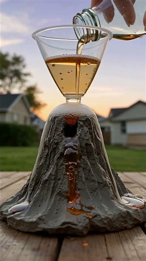 A mini volcano erupts dramatically with fizzy soda foam in a backyard science