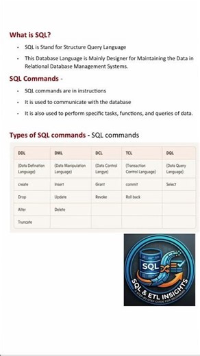 SQL Tutorials for Beginners | Types of SQL Commands (DDL, DML, DCL, TCL)#mysql #sql #viral #etl