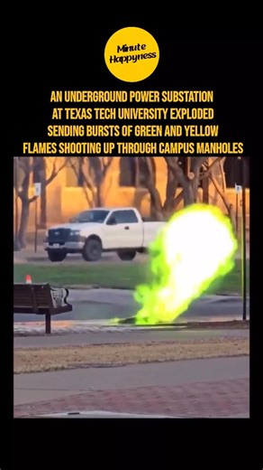 minutehappyness on Instagram: "On the evening of March 12, 2025, Texas Tech University in Lubbock, Texas faced a shocking and rare emergency when an underground electrical substation unexpectedly exploded beneath the campus. The powerful blast sent vivid green and yellow flames erupting from multiple manholes, lighting up the night sky and causing widespread power outages across the Engineering Key area. Witnesses described hearing a loud rumble moments before smoke and fire started billowing th