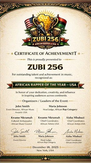 ZUBI 256 CERTIFICATE IN AFRICAN RAPPER