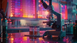 A chemistry microscope is positioned next to medical testing tubes or vials in a pharmaceutical laboratory displaying DNA genome sequencing technology.