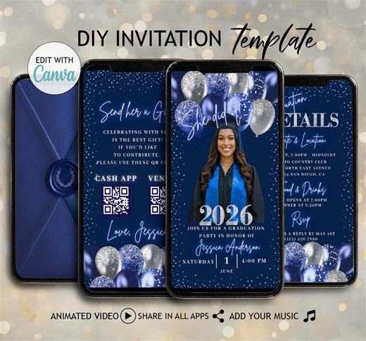 Navy Blue Silver Graduation Party Invitation With Envelope: DIY Photo and QR Code Grad Invite Class 2026 (digital Animated Canva Template) - Etsy