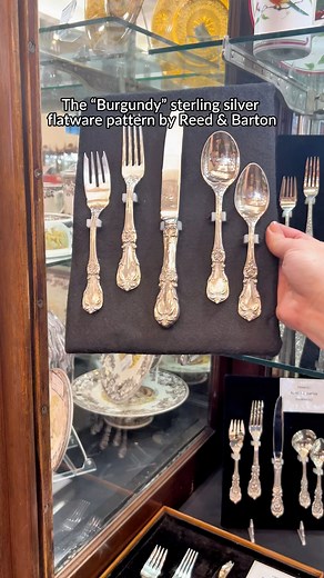 What does high fashion and this flatware design have in common? The "Burgundy" sterling silver flatware pattern by Reed & Barton https://bit.ly/4gJlzzQ was first introduced in 1949, and through the power of marketing, tied it to high fashion appeal. Couturier Henri Bendal even designed a "Burgundy" inspired evening gown, which was made into miniatures and sent to dealers for window displays. #sterlingsilver #heirloom #flatware #homedecor #tableware #grandmillenial #vintagecollection #tablewarese