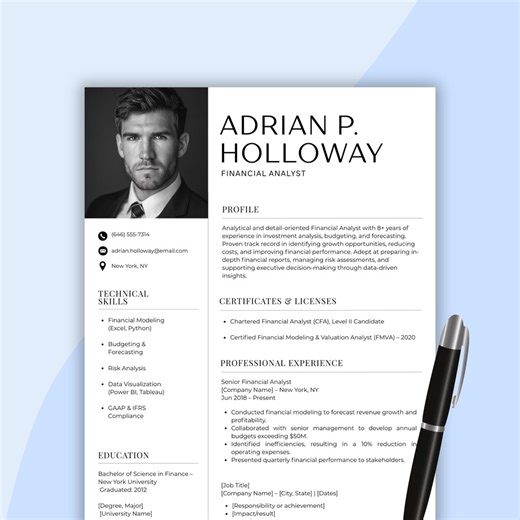 Financial Analyst Resume Template: Finance Cover Letter, Modern CV (canva Editable, Instant Download) - Etsy