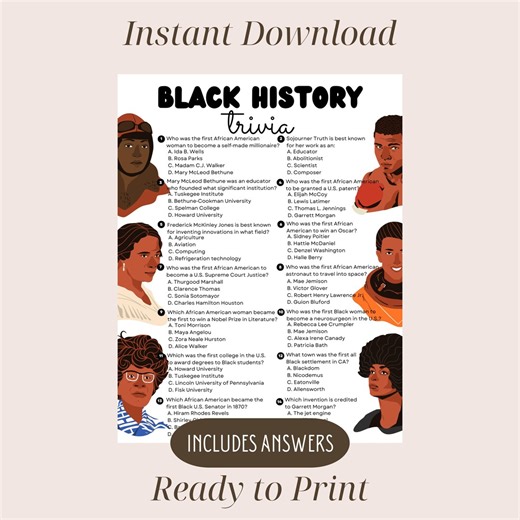 Black History Trivia Game, African American History Quiz, Black Culture Trivia, Black Icons (PDF Digital Download Printable) - Etsy