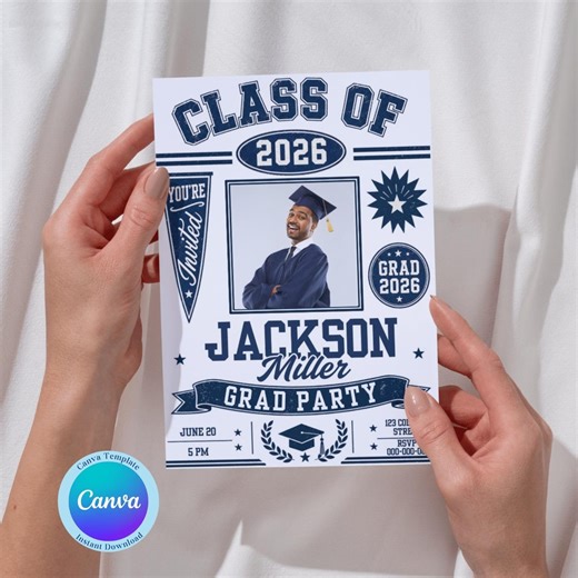 Retro Boys Graduation Party Invitation | Editable Canva Template - Etsy