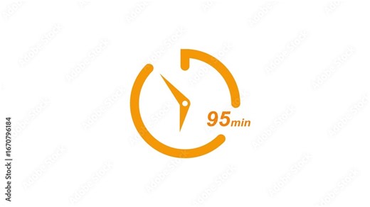 95 minute timer clock animation. Countdown stopwatch and clock icon with 95 minute label for cooking, workout fitness, and time management on white background with alpha channel.