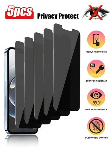 Protetor de tela de vidro temperado anti-espionagem (5 unidades) compatível com dispositivos Apple. Proteção contra olhares indiscretos, arranhões e impactos. Compatível com iPhone X/XR/11/12/13/14/15/16/16 Plus/16 Pro/16 Pro Max/17/17 Air/17 Pro/17 Pro Max. Ideal para uso diário, no escritório e em casa. Privacidade garantida. À prova d'água, resistente a choques e quedas, e resistente a arranhões. | SHEIN