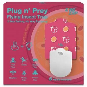 ZingZap Flying Insect Trap Dual Attractant Positive Phototaxis Passion Fruit Scent, 50% Faster Captures House Flies, Fruit Flies, Gnats, Moths, 1 Plug-in Station 5 Biodegradable Trap Refills