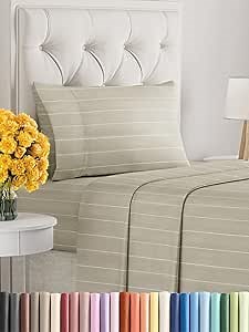 Twin Size 3 Piece Sheet Set - Extra Soft, Breathable & Cooling - Hotel Luxury Durable Bed Sheets for Women & Men - Deep Pockets, Easy-Fit & Wrinkle-Free - Beige Stripes Oeko-Tex