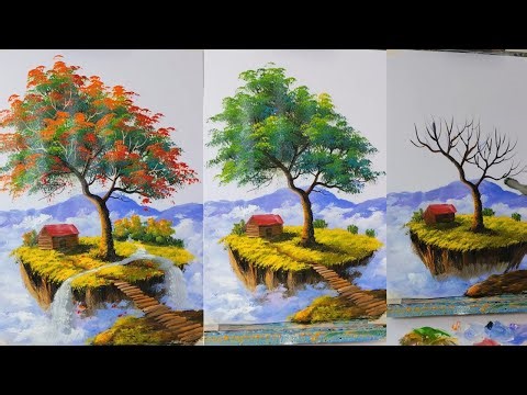 Floating Island Tree Painting | 3 Seasons Acrylic Tutorial for Beginners