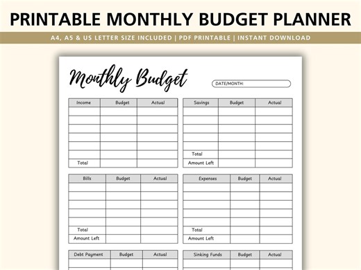 Printable Monthly Budget Planner, Budget Worksheet PDF, Expense Tracker Printable, A4 A5 US Letter Budget Planner, Instant Download - Etsy