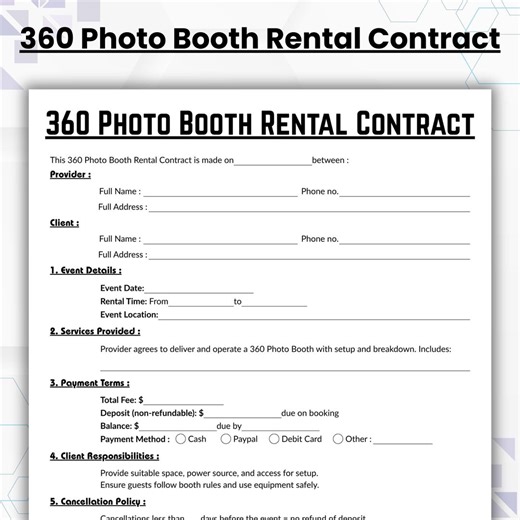 Editable 360 Photo Booth Contract, Simple Photo Booth Agreement Form Template, Printable Video Booth Rental Contract, Instant Download - Etsy